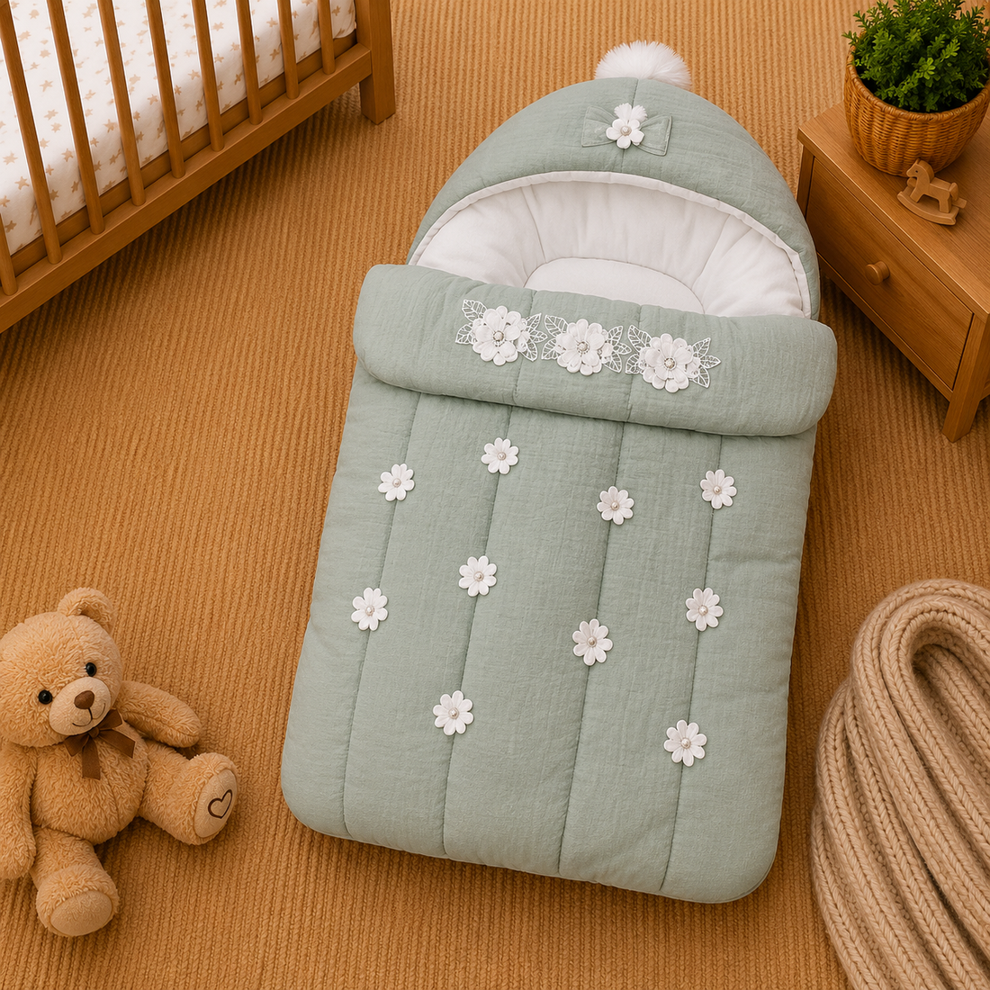PREMIUM BABY HOODED SLEEPING BAG – FLORAL ELEGANCE DESIGN (SAGE GREEN & WHITE)