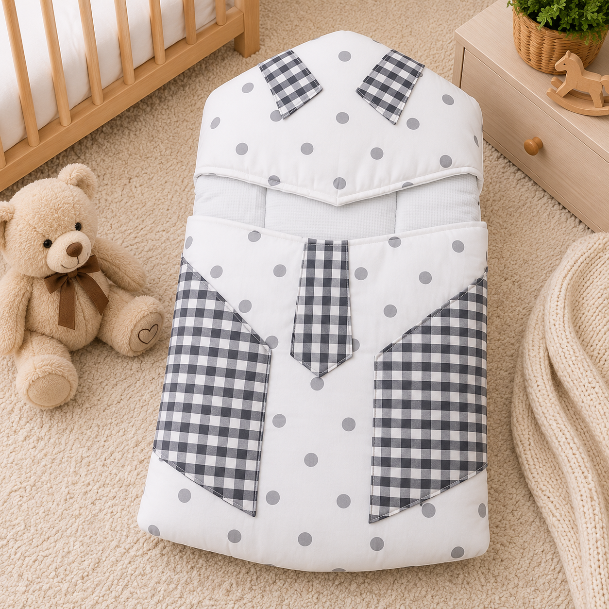 POLKA DOT AND CHECKERED COTTON POLYESTER BABY CARRY NEST WITH SHIRT DESIGN