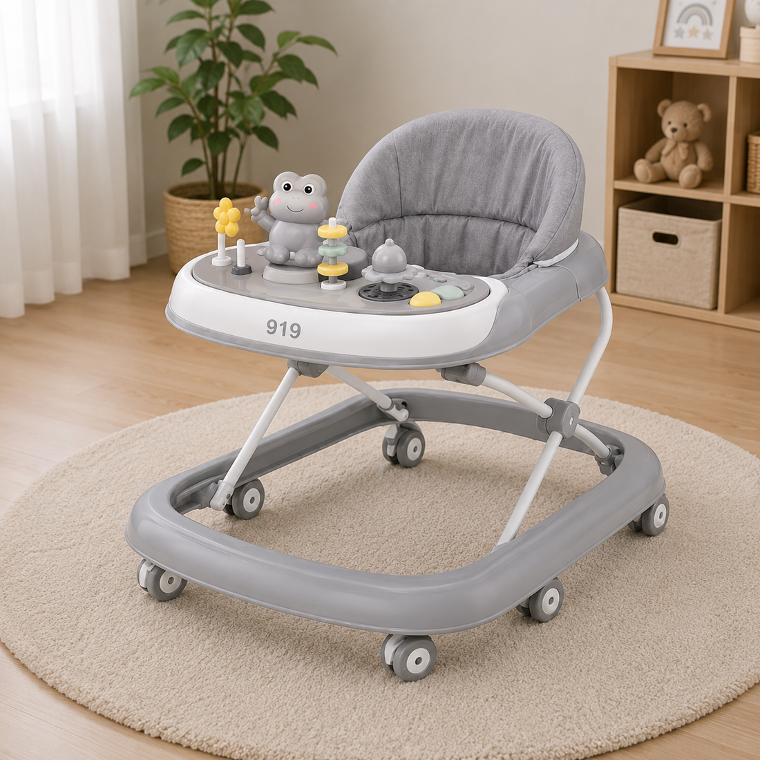 FOLDABLE BABY WALKER WITH ACTIVITY TRAY - GREY