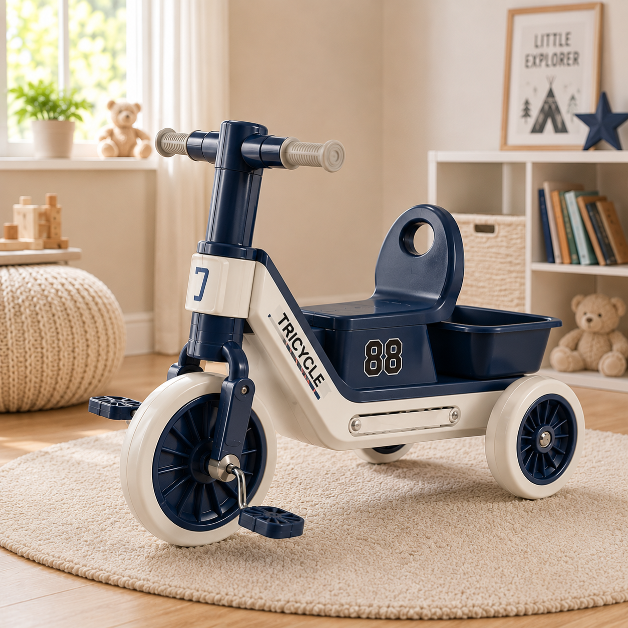 SPORTS STYLE KIDS TRICYCLE WITH STORAGE SEAT - BLUE