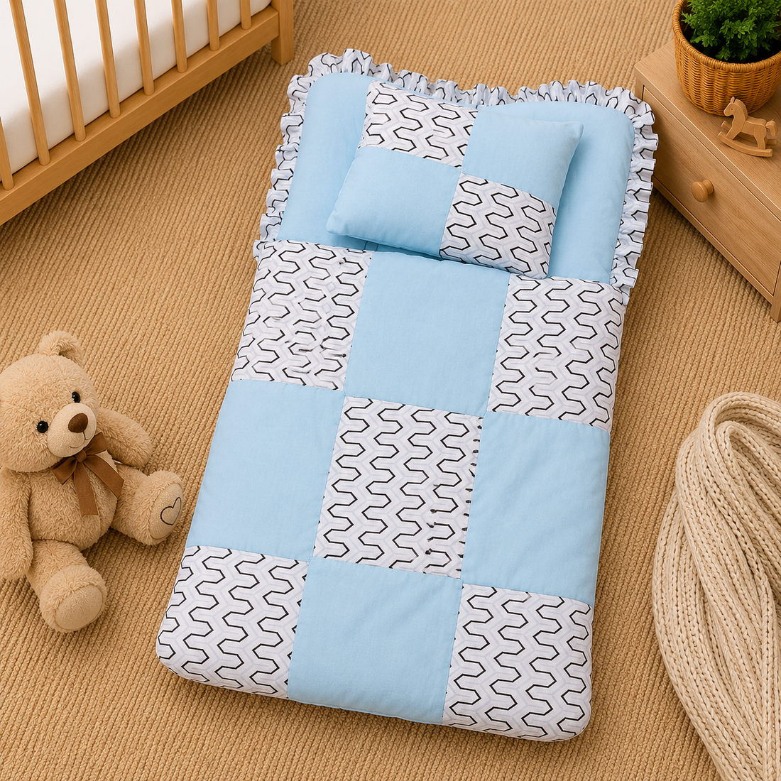 PREMIUM BABY BEDDING SET – GEOMETRIC PATCHWORK DESIGN (BABY BLUE & WHITE)