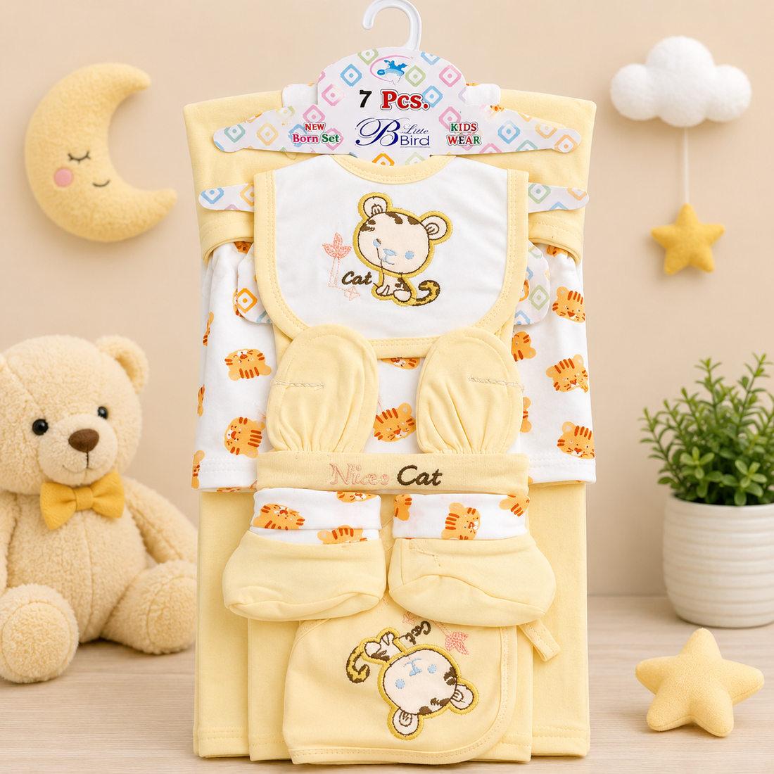 7 PCS NEWBORN BABY GIFT SET – CUTE KITTEN EMBROIDERED DESIGN (YELLOW)