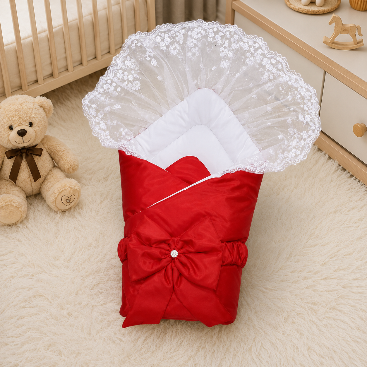 SATIN POLYESTER BABY CARRY NEST WITH LACE CANOPY - RED