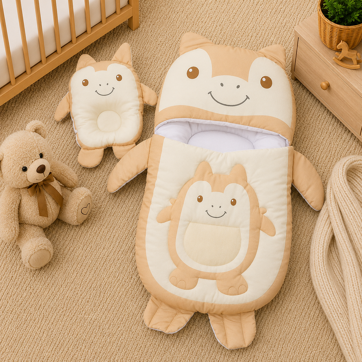 MONSTER DESIGN COTTON POLYESTER BABY SLEEPING BAG WITH MATCHING PILLOW - BEIGE