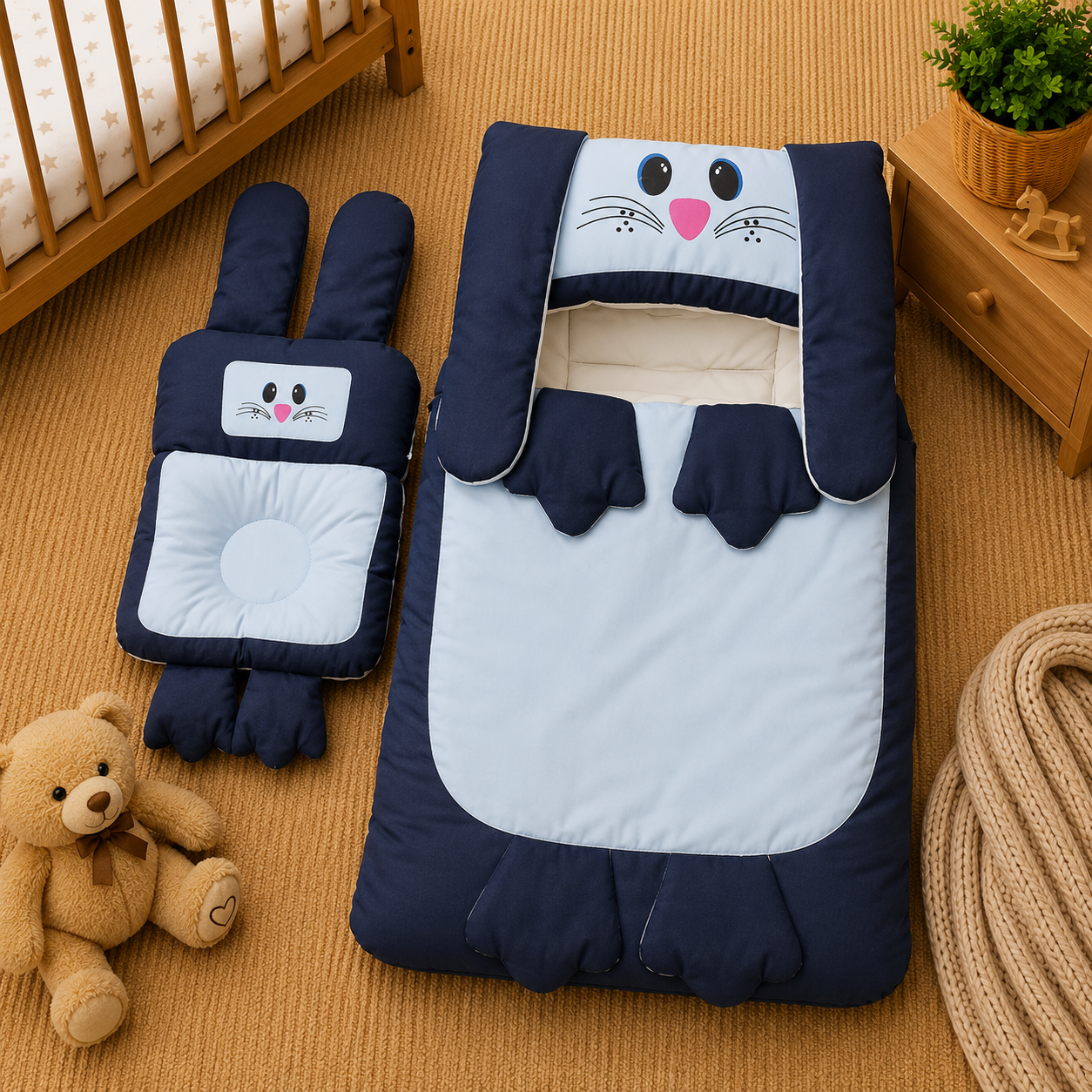 PREMIUM BABY HOODED SLEEPING BAG SET – CUTE BUNNY DESIGN (NAVY BLUE & WHITE)