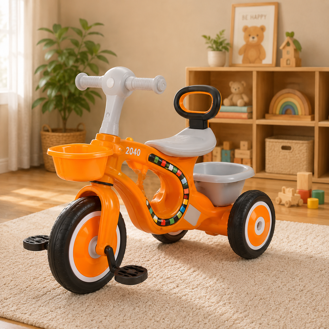MUSICAL KIDS TRICYCLE WITH STORAGE BASKET - ORANGE