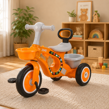 MUSICAL KIDS TRICYCLE WITH STORAGE BASKET - ORANGE