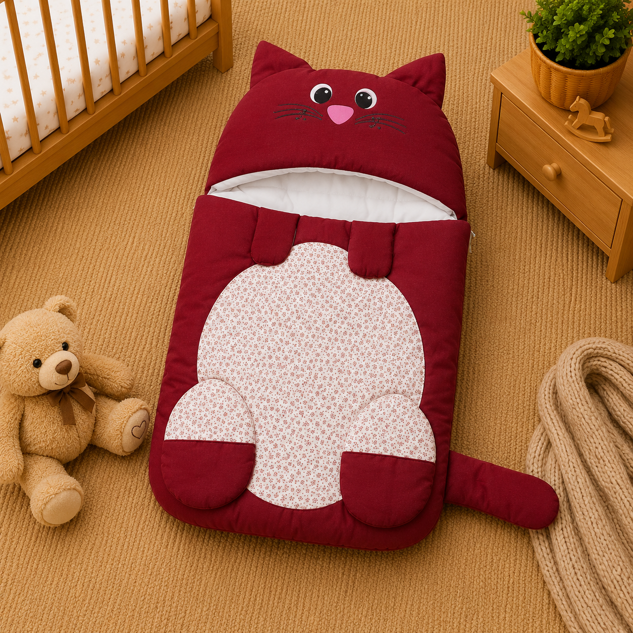 PREMIUM BABY HOODED SLEEPING BAG – CUTE KITTEN DESIGN (MAROON & WHITE)
