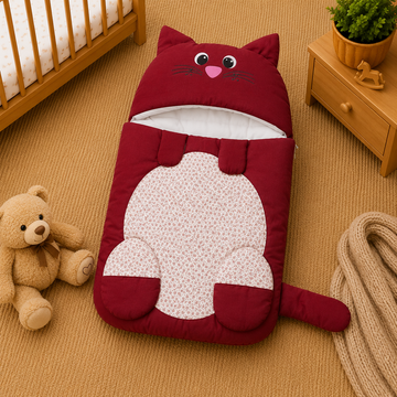 PREMIUM BABY HOODED SLEEPING BAG – CUTE KITTEN DESIGN (MAROON & WHITE)