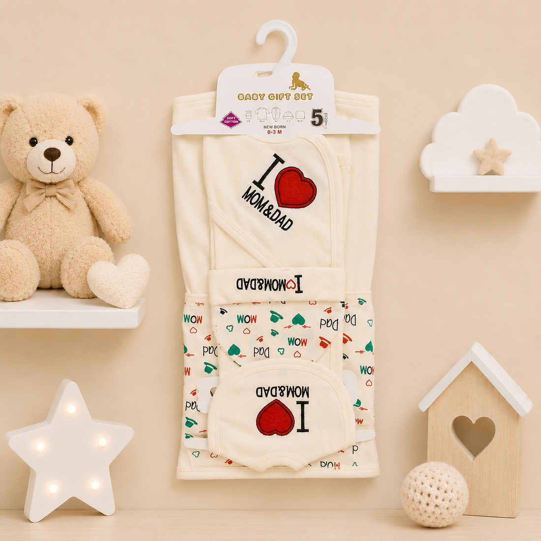 SOPHIE & STEPHIE 5 PCS NEWBORN BABY GIFT SET – I LOVE MOM & DAD DESIGN (CREAM)