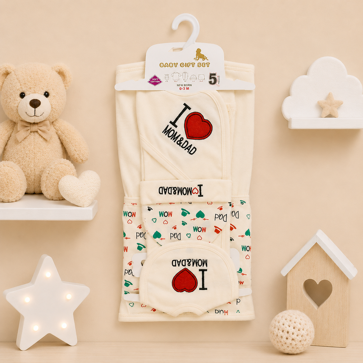 SOPHIE & STEPHIE 5 PCS NEWBORN BABY GIFT SET – I LOVE MOM & DAD DESIGN (CREAM)