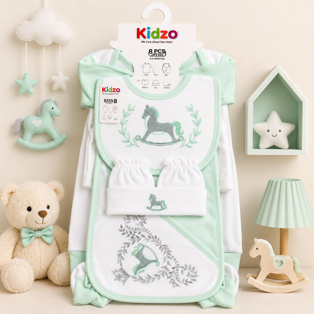 KIDZO 8 PCS NEWBORN BABY GIFT SET – ROCKING HORSE EMBROIDERED DESIGN (MINT GREEN & WHITE)