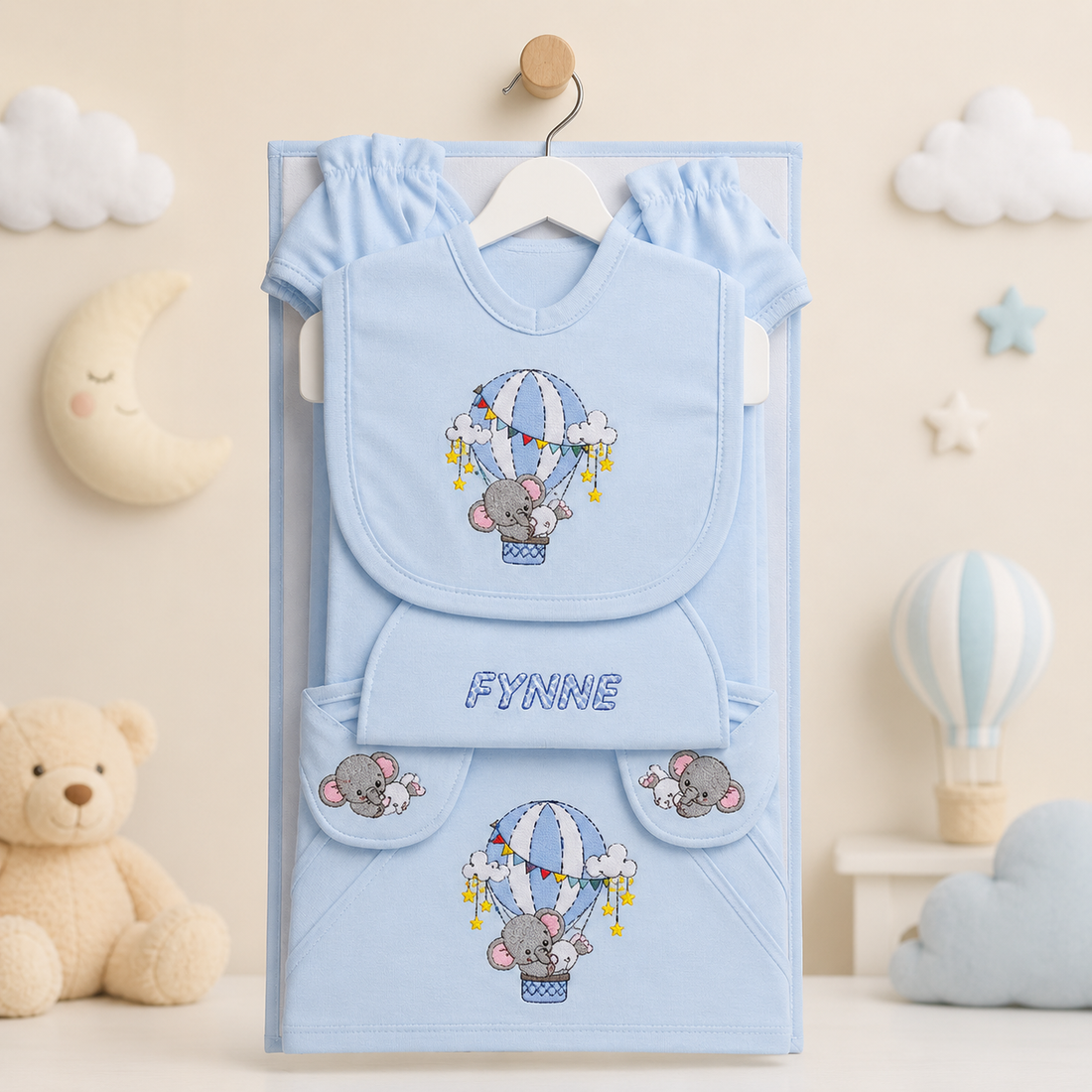 KIDDLE NEWBORN BABY STARTER GIFT SET – HOT AIR BALLOON ELEPHANT DESIGN (BLUE)