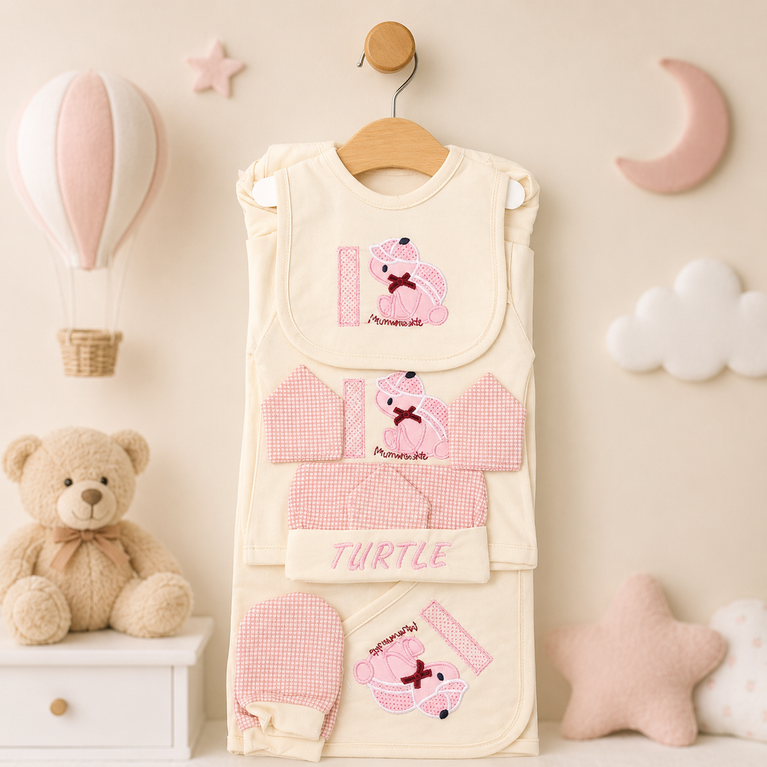 LITTLE WORLD 12 PCS NEWBORN BABY STARTER GIFT SET – TURTLE EMBROIDERED DESIGN (CREAM & PINK)