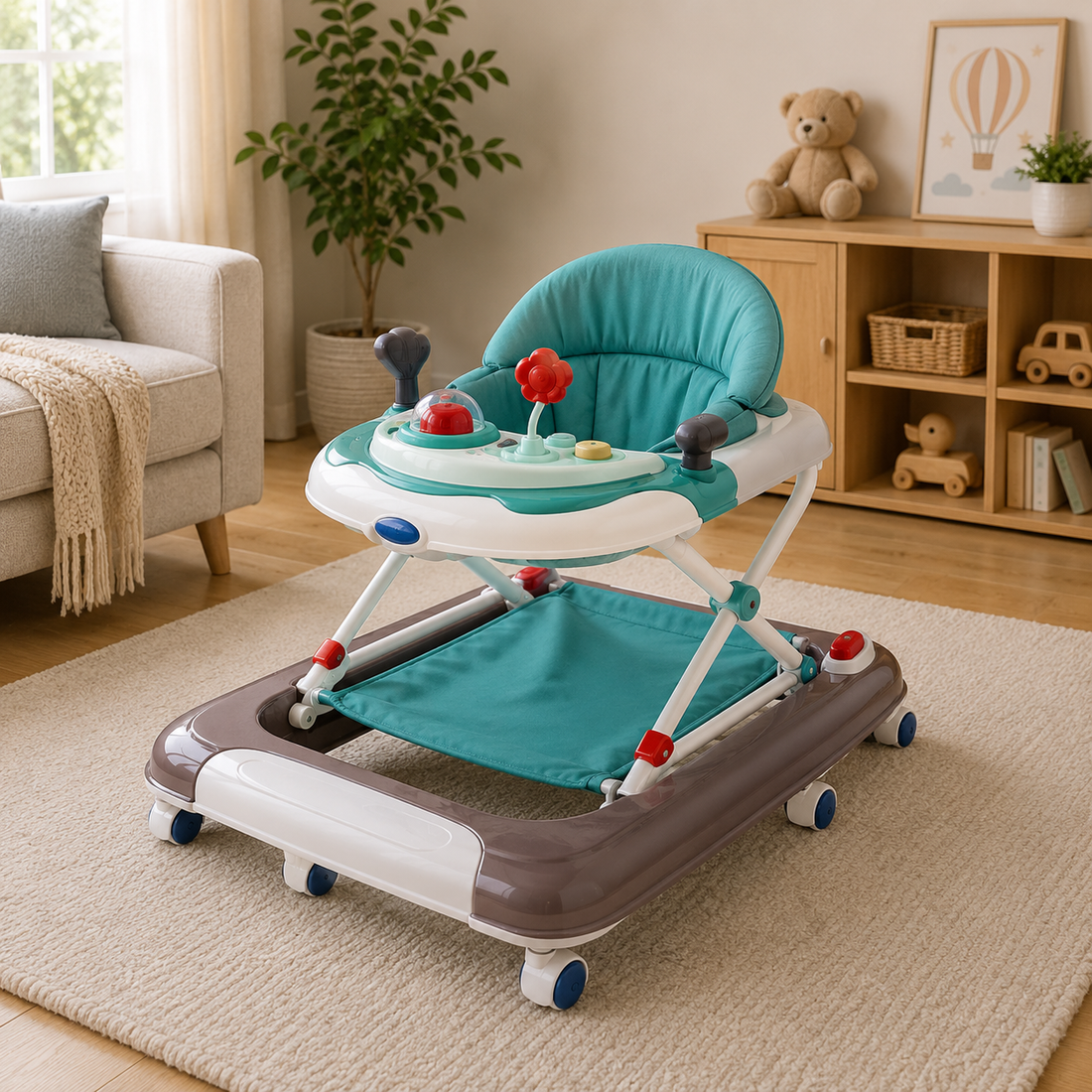 MULTIFUNCTIONAL BABY WALKER WITH FOOT SUPPORT MAT - BROWN