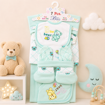 BLUE BIRD 7 PCS NEWBORN BABY GIFT SET – BEAR EMBROIDERED DESIGN (MINT GREEN)