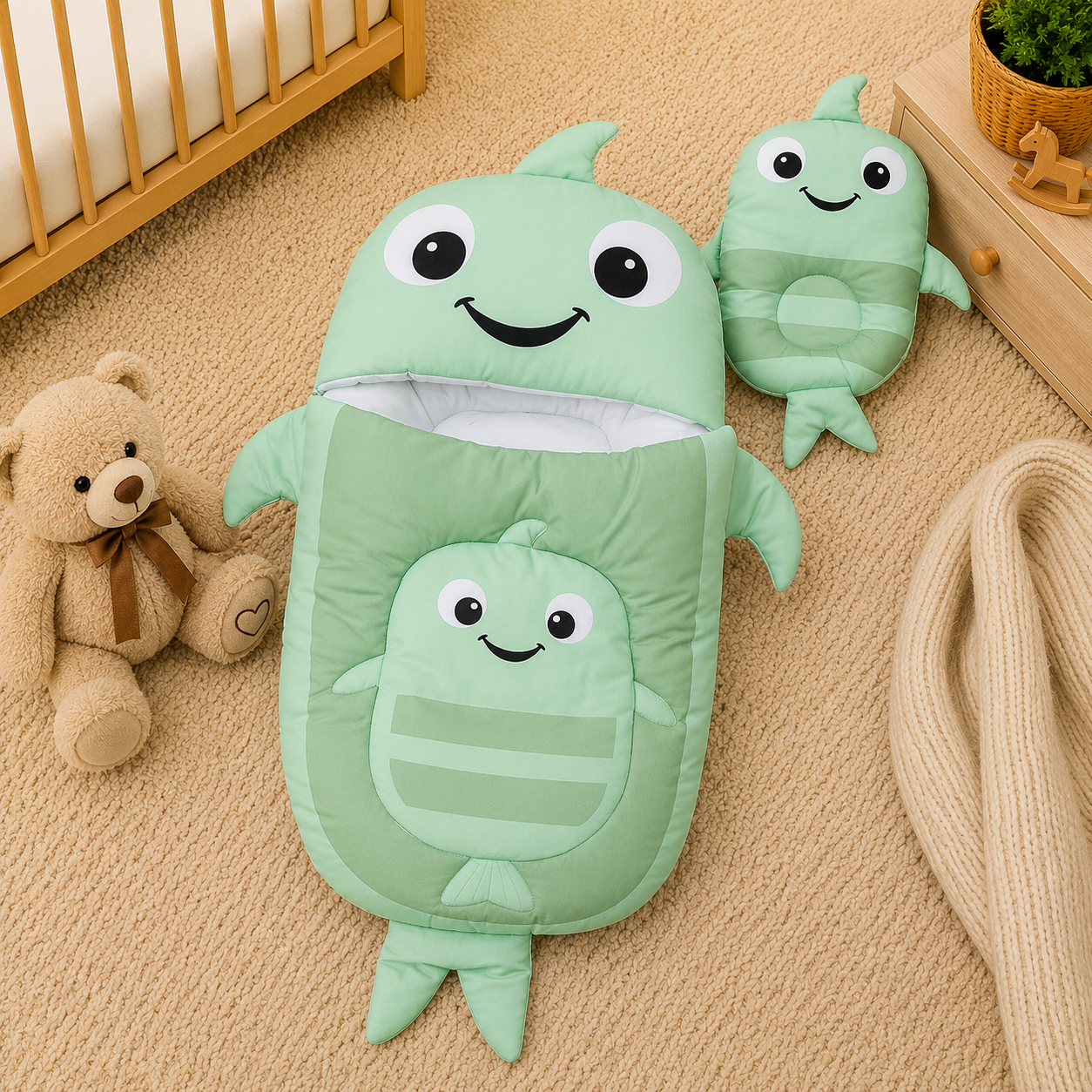 WHALE DESIGN COTTON POLYESTER BABY SLEEPING BAG WITH MATCHING PILLOW - GREEN