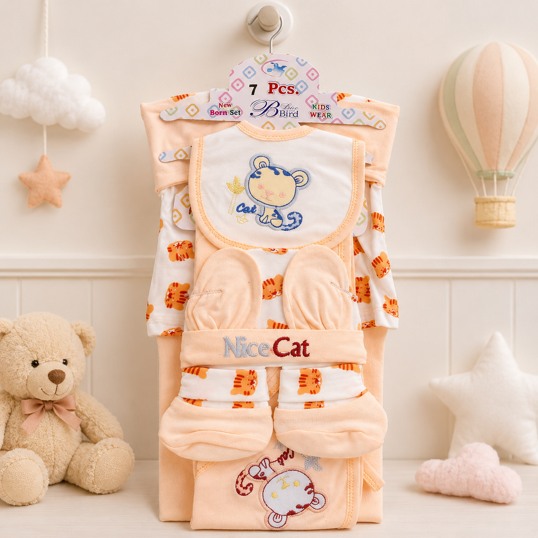 7 PCS NEWBORN BABY GIFT SET – CUTE KITTEN EMBROIDERED DESIGN (BEIGE)