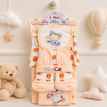 7 PCS NEWBORN BABY GIFT SET – CUTE KITTEN EMBROIDERED DESIGN (BEIGE)