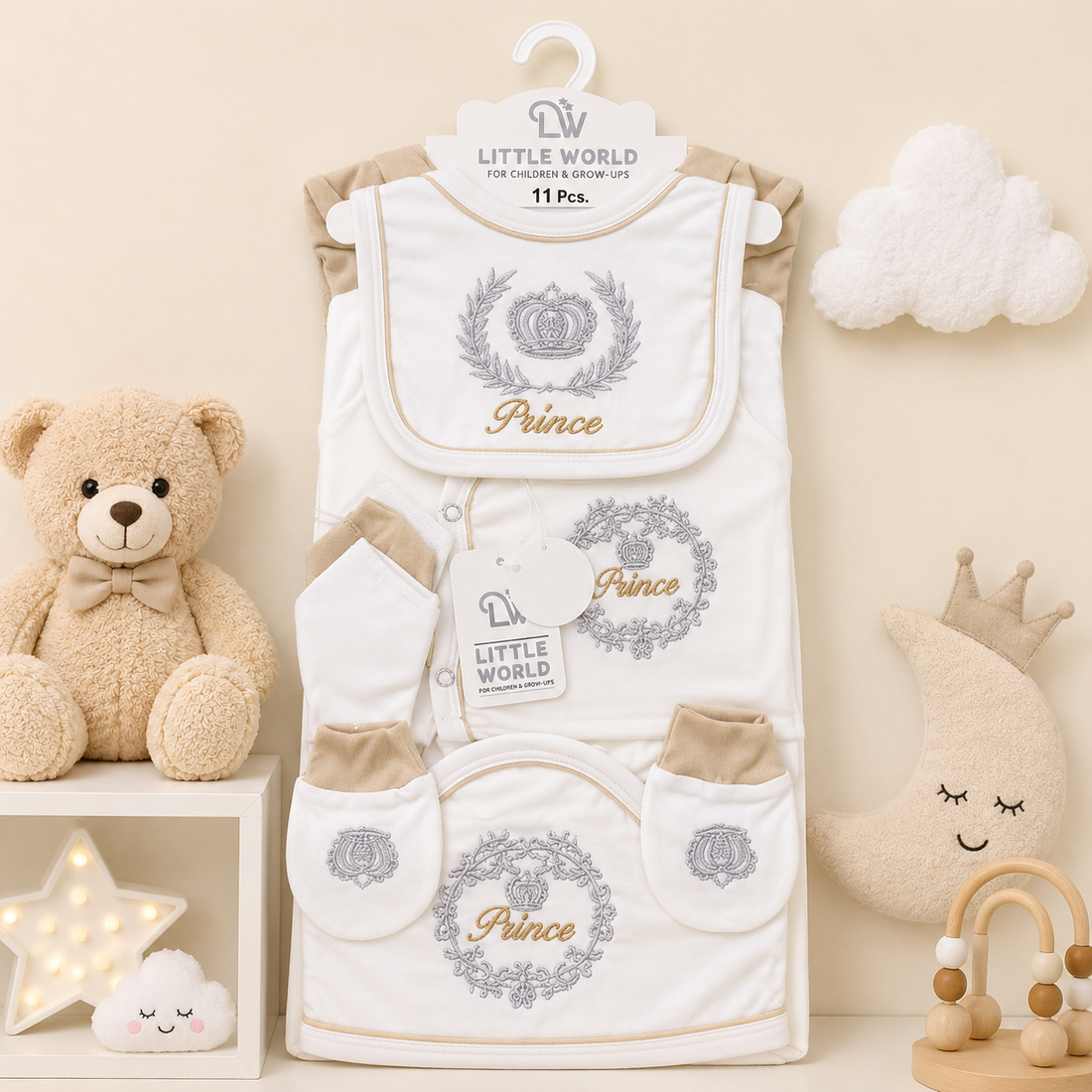 LITTLE WORLD 11 PCS NEWBORN BABY STARTER GIFT SET – PRINCE EMBROIDERED DESIGN (BEIGE)