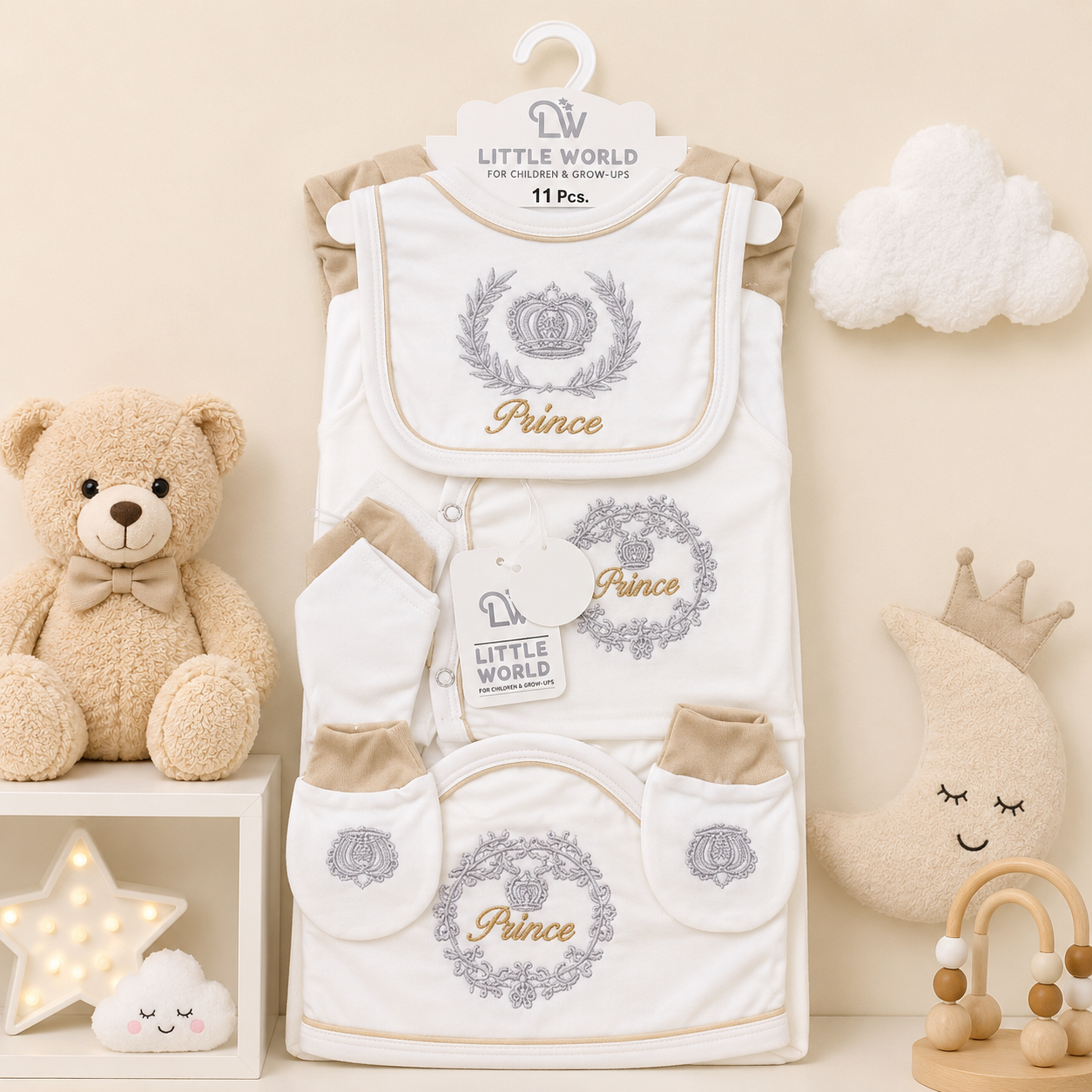 LITTLE WORLD 11 PCS NEWBORN BABY STARTER GIFT SET – PRINCE EMBROIDERED DESIGN (BEIGE)
