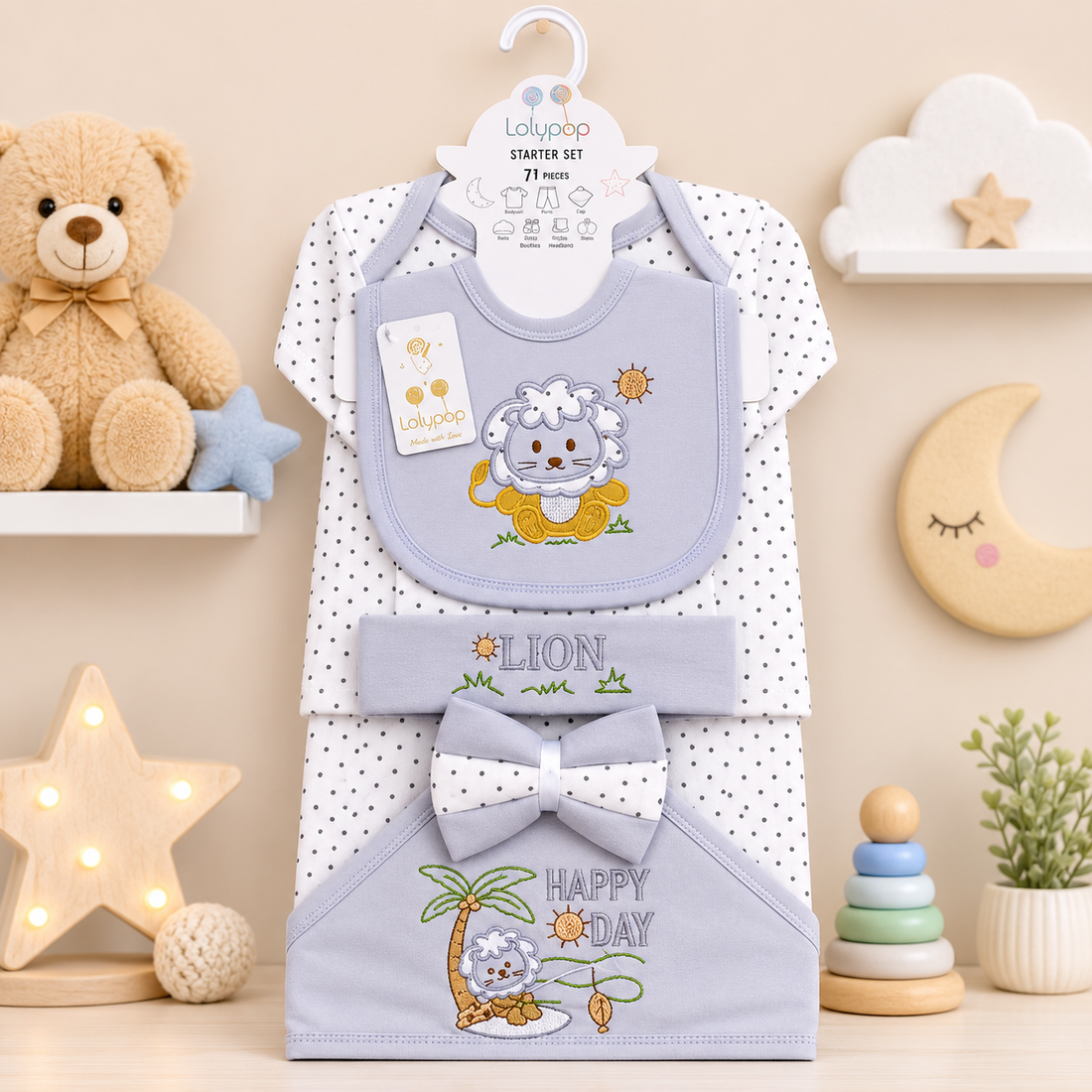 LOLYPOP 11 PCS NEWBORN BABY STARTER GIFT SET – LION EMBROIDERED DESIGN (LAVENDER GREY)