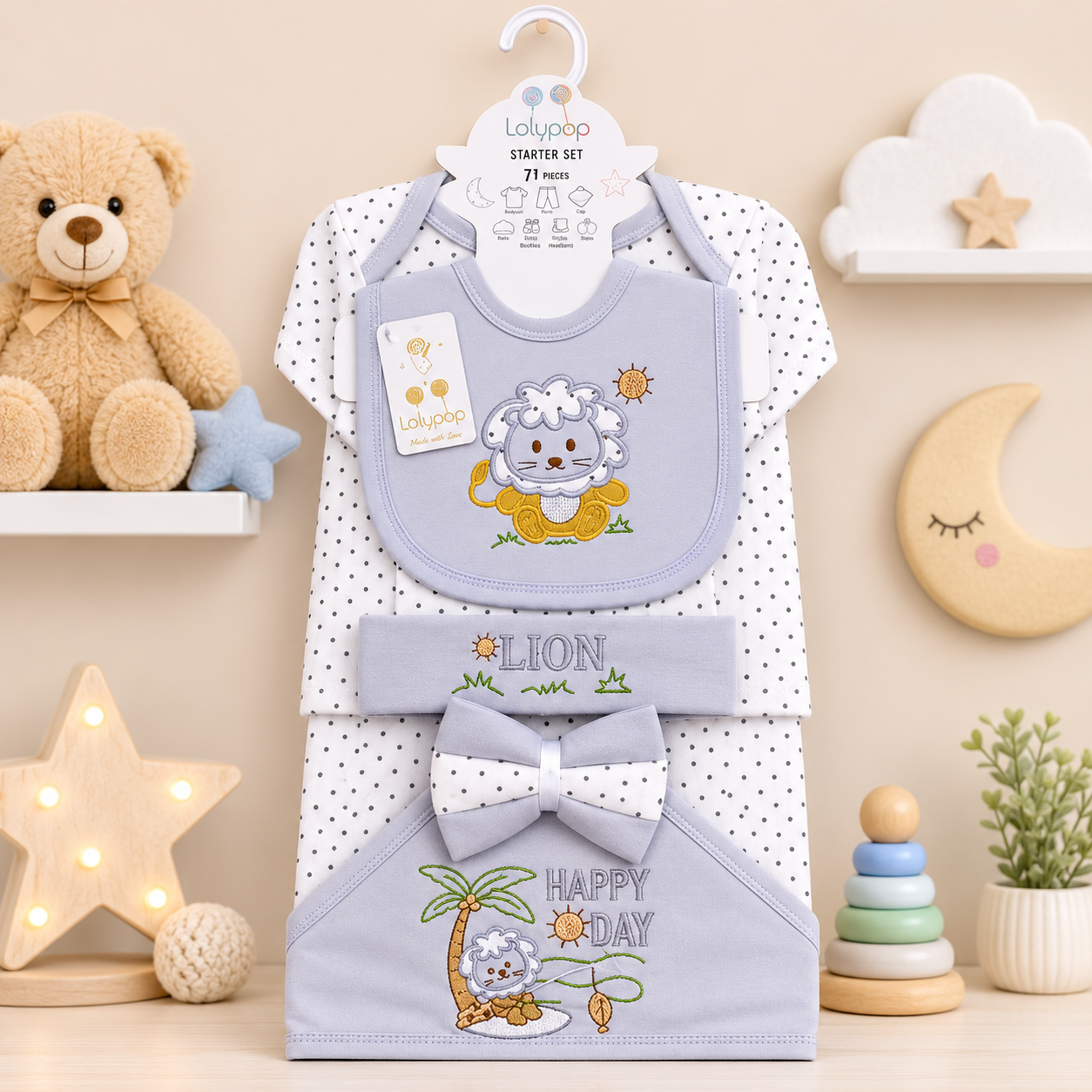 LOLYPOP 11 PCS NEWBORN BABY STARTER GIFT SET – LION EMBROIDERED DESIGN (LAVENDER GREY)