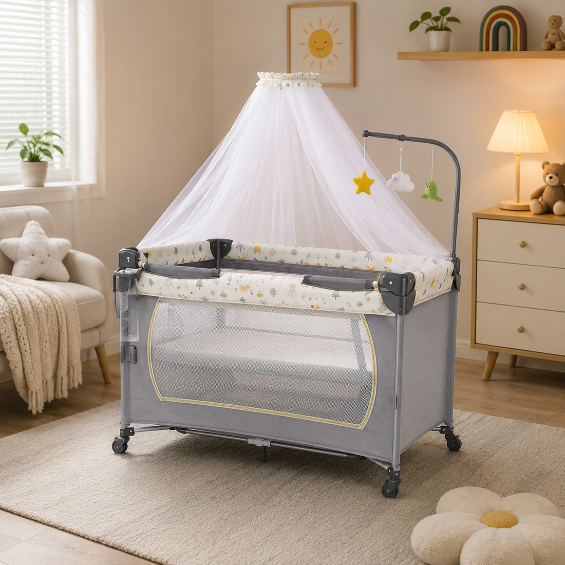 LUXURY BABY PLAYPEN COT WITH MOSQUITO NET AND TOY BAR - GREY