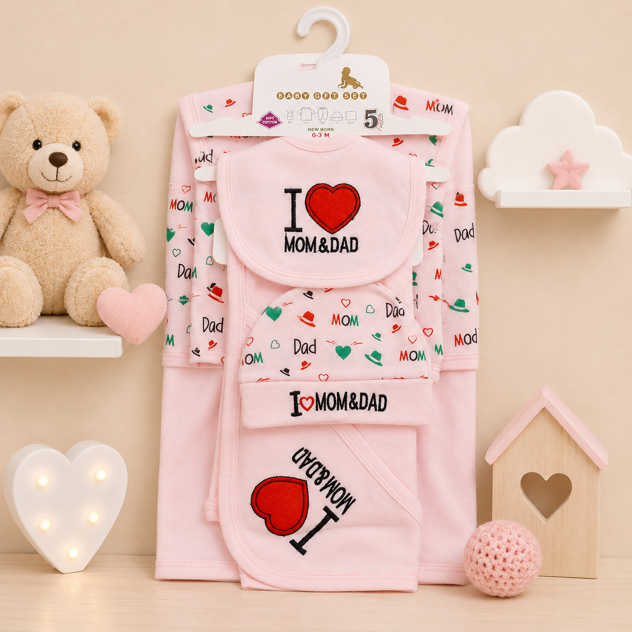 SOPHIE & STEPHIE 5 PCS NEWBORN BABY GIFT SET – I LOVE MOM & DAD DESIGN (PINK)