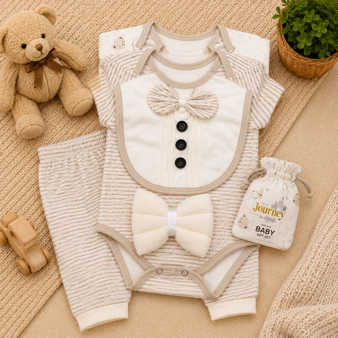 PREMIUM NEWBORN BABY STARTER GIFT SET – GENTLEMAN BOWTIE DESIGN (BEIGE & IVORY)