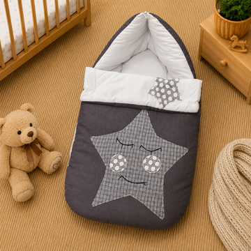 PREMIUM BABY HOODED SLEEPING BAG – STAR PATCHWORK DESIGN (GREY & WHITE)