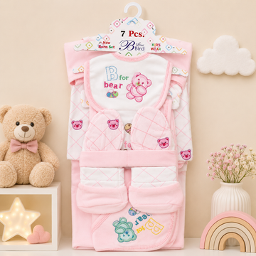 BLUE BIRD 7 PCS NEWBORN BABY GIFT SET – BEAR EMBROIDERED DESIGN (PINK)