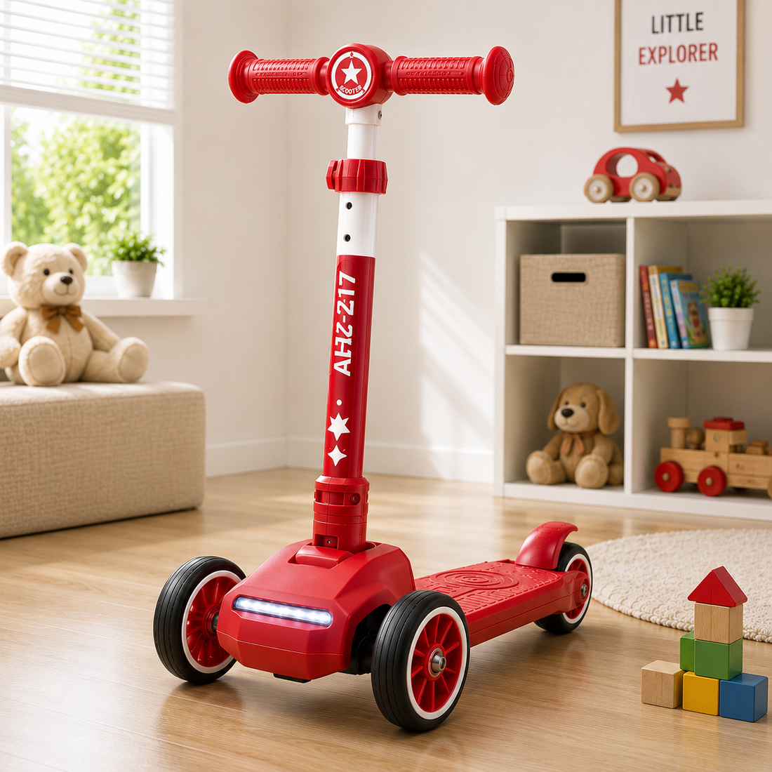 KIDS 3-WHEEL LED FOLDABLE SCOOTER WITH ADJUSTABLE HANDLE - RED
