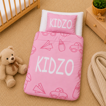 KIDZO BABY SLEEPING BAG & PILLOW SET – VEHICLE PRINT DESIGN (PINK)