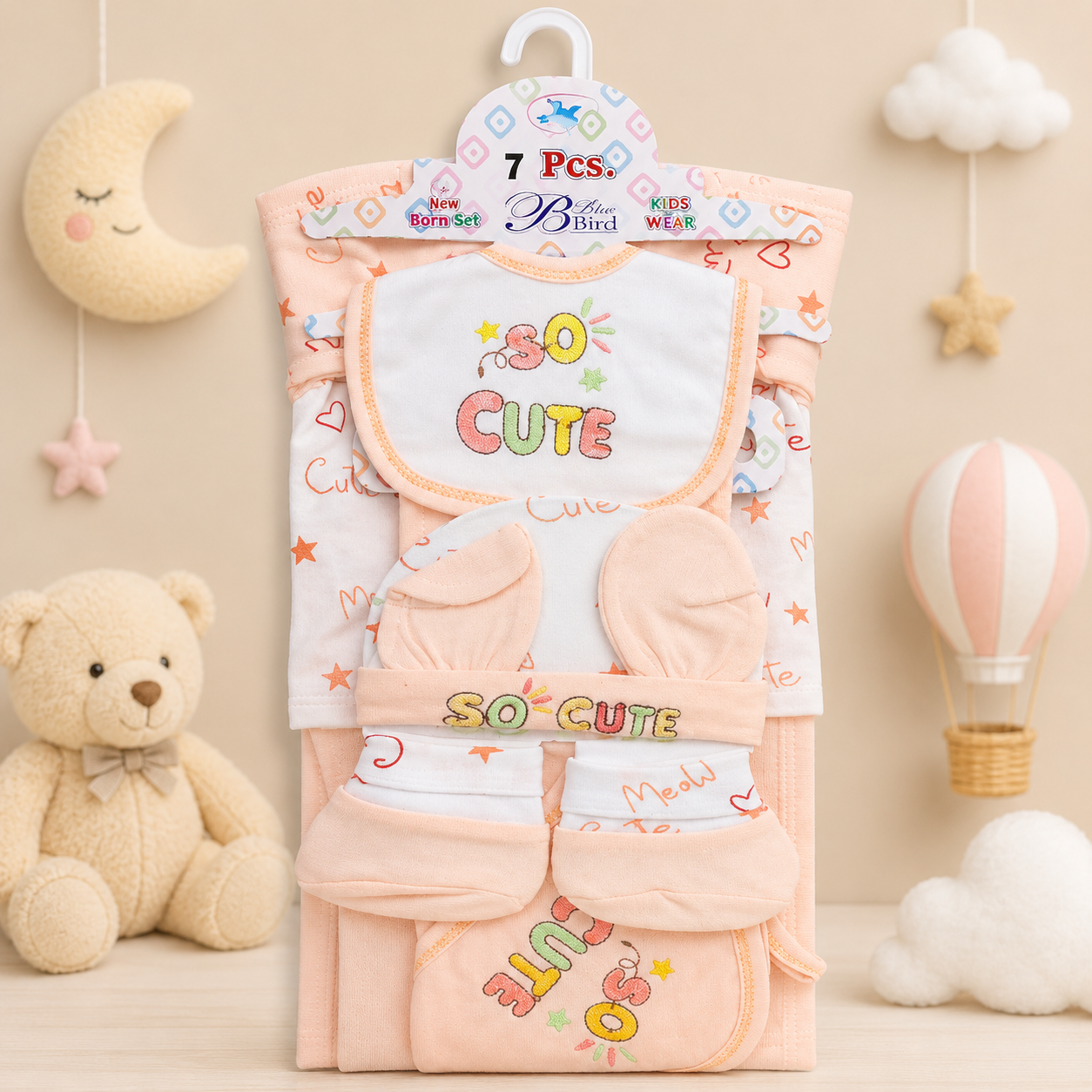 7 PCS NEWBORN BABY GIFT SET – SO CUTE EMBROIDERED DESIGN (PEACH)