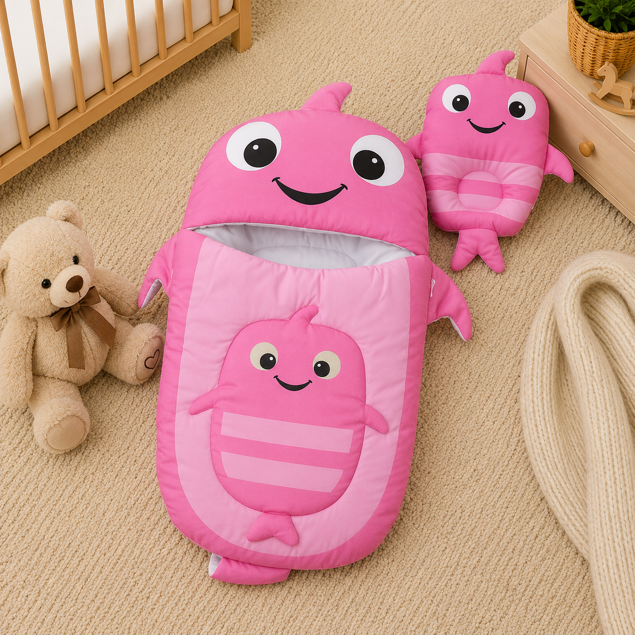 WHALE DESIGN COTTON POLYESTER BABY SLEEPING BAG WITH MATCHING PILLOW - PINK