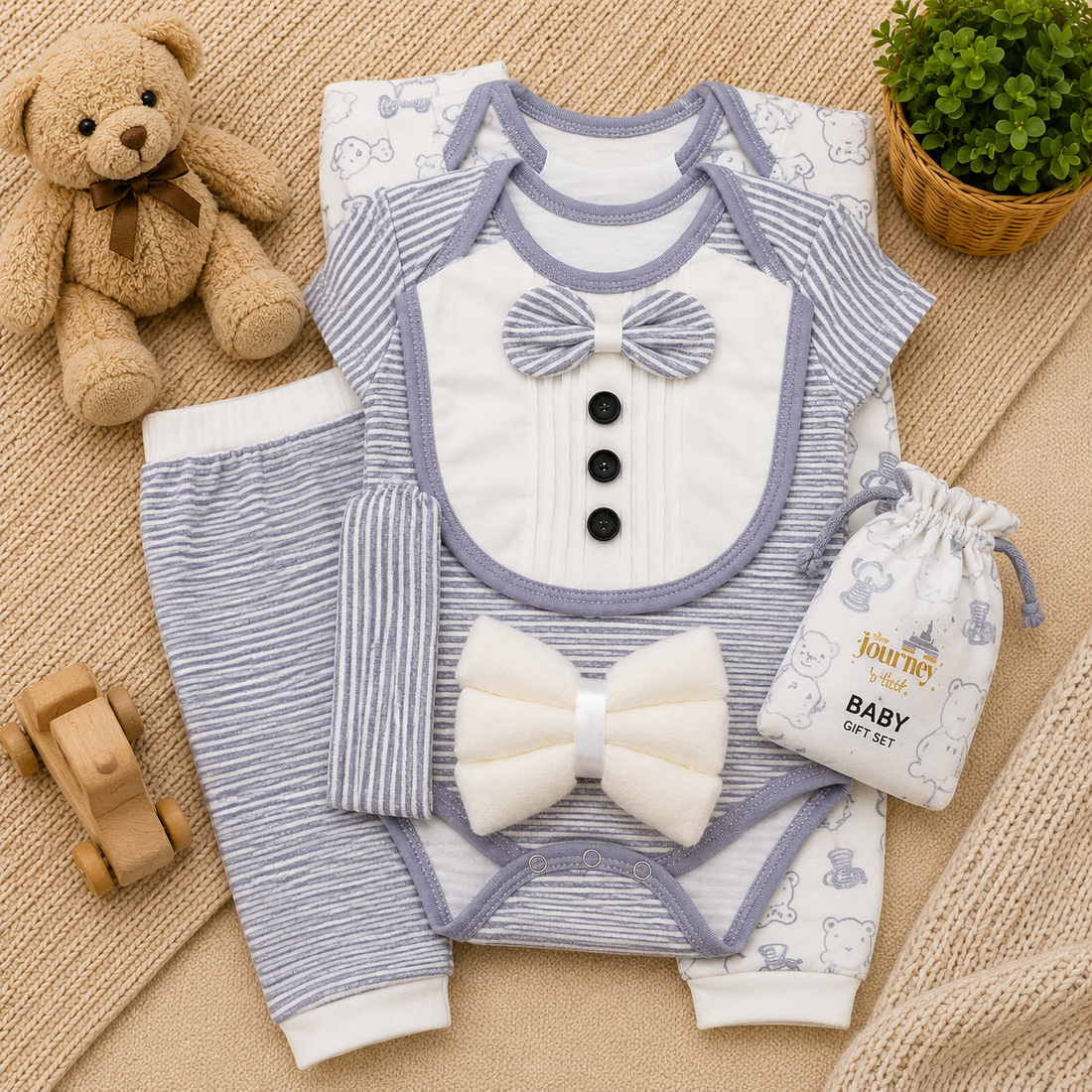 PREMIUM NEWBORN BABY STARTER GIFT SET – GENTLEMAN BOWTIE DESIGN (GREY & WHITE)