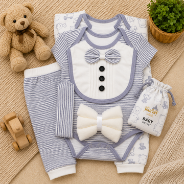 PREMIUM NEWBORN BABY STARTER GIFT SET – GENTLEMAN BOWTIE DESIGN (GREY & WHITE)