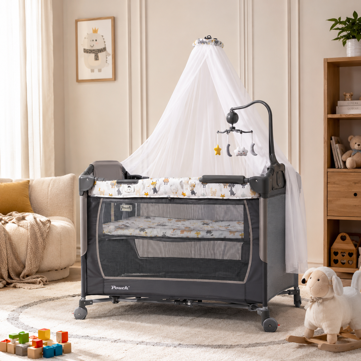 LUXURY BABY PLAYPEN COT WITH MOSQUITO NET AND TOY BAR - BLACK