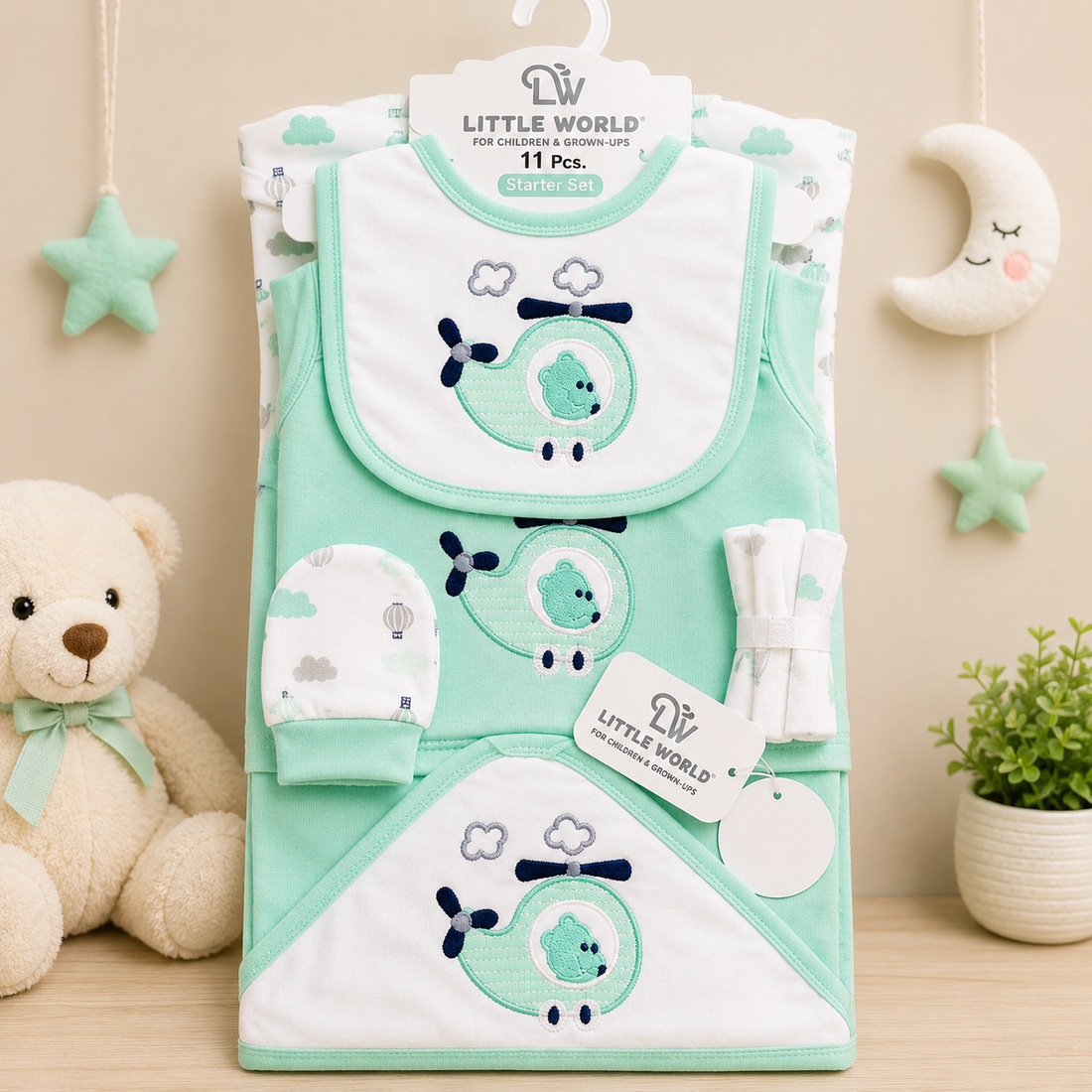 LITTLE WORLD 11 PCS STARTER SET – HELICOPTER BEAR EMBROIDERED DESIGN (MINT GREEN)