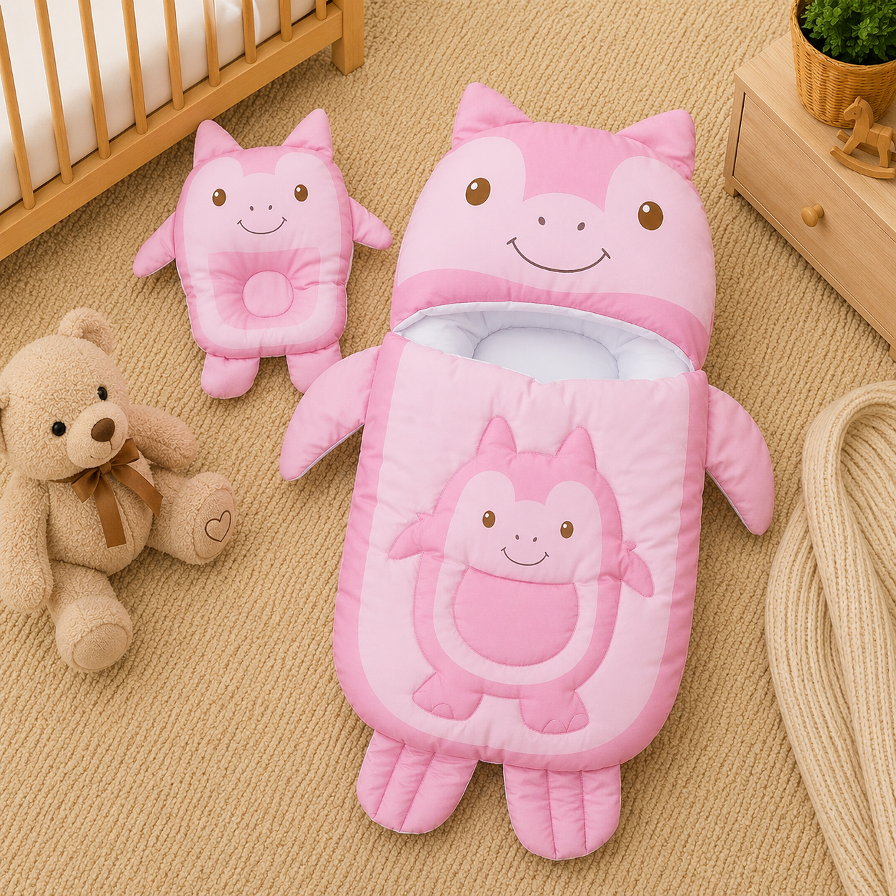 MONSTER DESIGN COTTON POLYESTER BABY SLEEPING BAG WITH MATCHING PILLOW - PINK