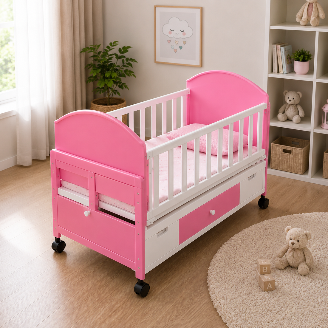 MODERN WOODEN BABY CRIB WITH STORAGE DRAWER - PINK