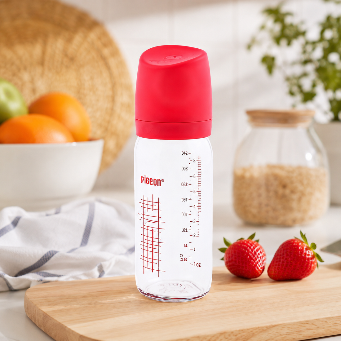 FARLIN WIDE NECK GLASS FEEDER 240ML - RED