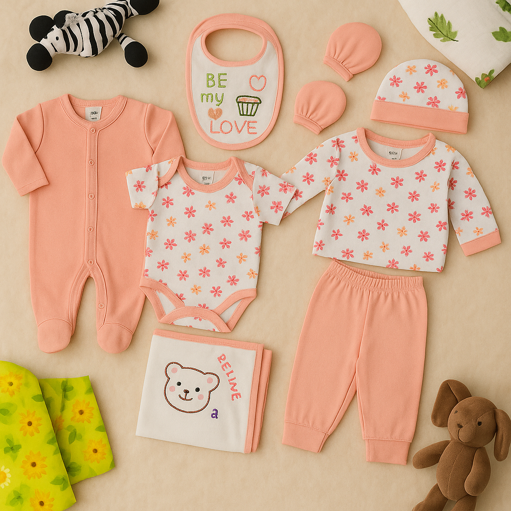 8 PIECE NEWBORN BABY CLOTHING SET – SOFT COTTON OUTFITS WITH HAT, BIB & BLANKET – PINK FLORAL LOVE THEME – UNISEX