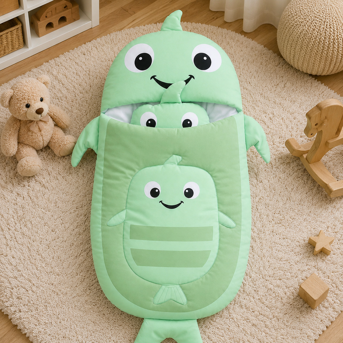 HAPPIMUMS CHARACTER CUDDLY CARRY NEST WITH PILLOW - GREEN FISH
