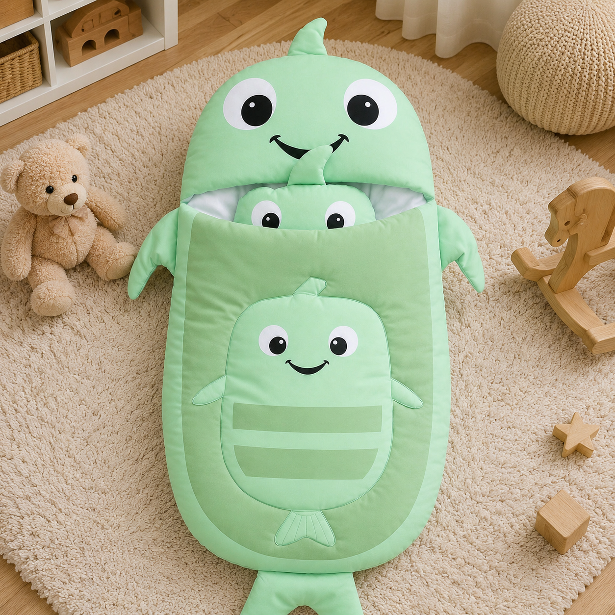 HAPPIMUMS CHARACTER CUDDLY CARRY NEST WITH PILLOW - GREEN FISH