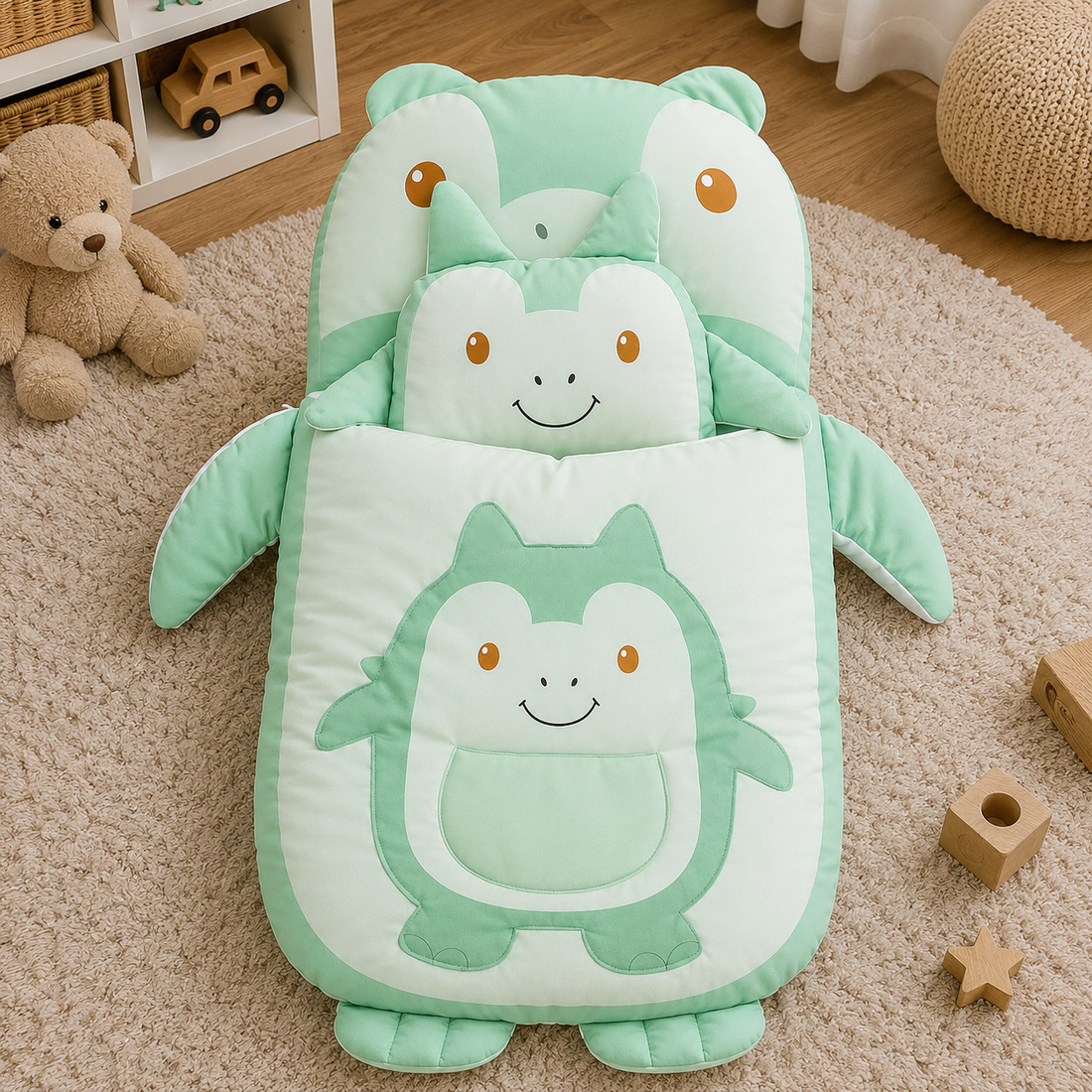 HAPPIMUMS CHARACTER CUDDLY CARRY NEST WITH PILLOW - GREEN RHINO
