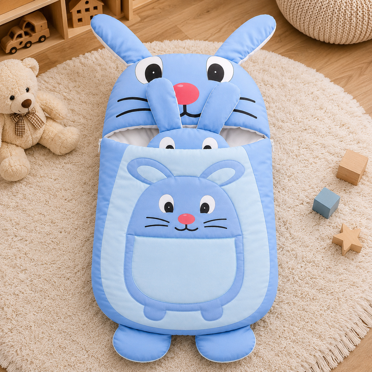 HAPPIMUMS CHARACTER CUDDLY CARRY NEST WITH PILLOW - BLUE BUNNY