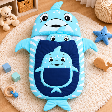 HAPPIMUMS CHARACTER CUDDLY CARRY NEST WITH PILLOW - BLUE LITTLE SHARK