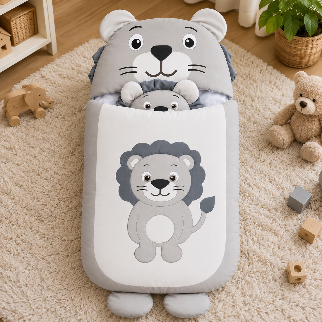 HAPPIMUMS CHARACTER CUDDLY CARRY NEST WITH PILLOW - CHARCOAL LION